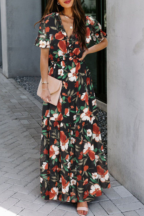 Floral Frilled V-Neck Short Sleeve Maxi Dress