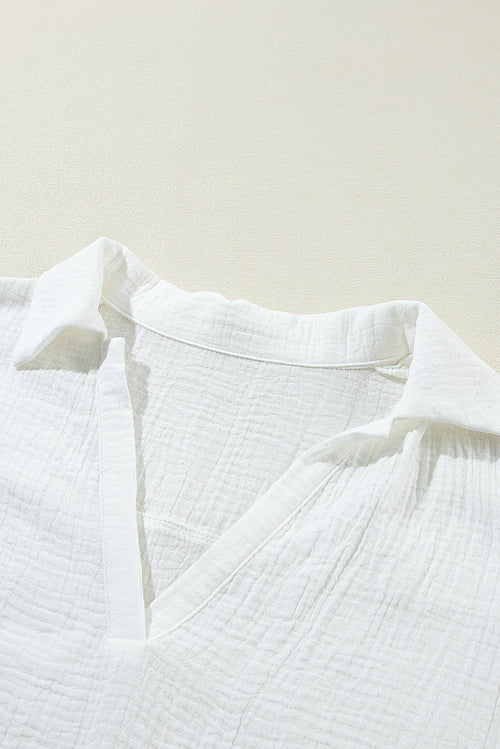 Embroidered Eyelet Crinkled Gauze Collared V-Neck Blouse