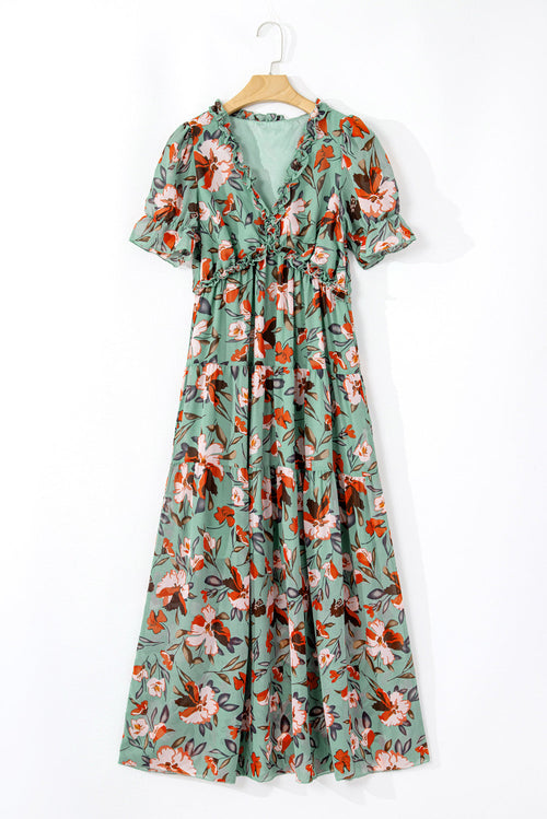 Floral Frilled V-Neck Short Sleeve Maxi Dress