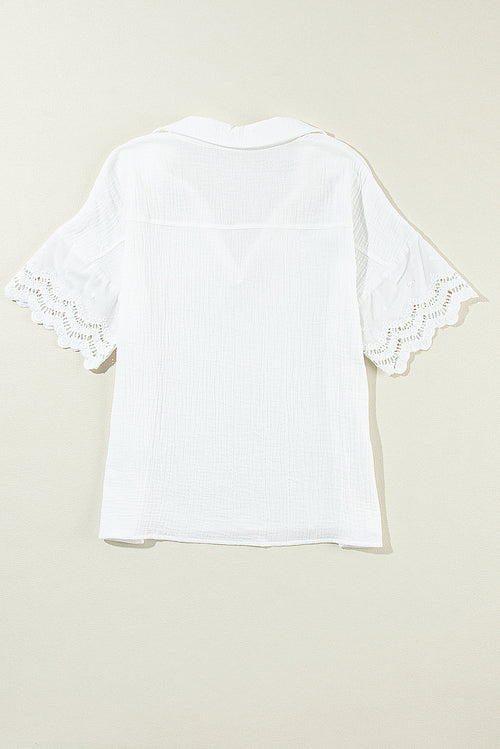 Embroidered Eyelet Crinkled Gauze Collared V-Neck Blouse
