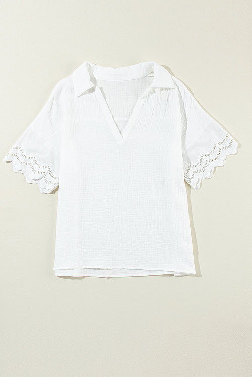 Embroidered Eyelet Crinkled Gauze Collared V-Neck Blouse