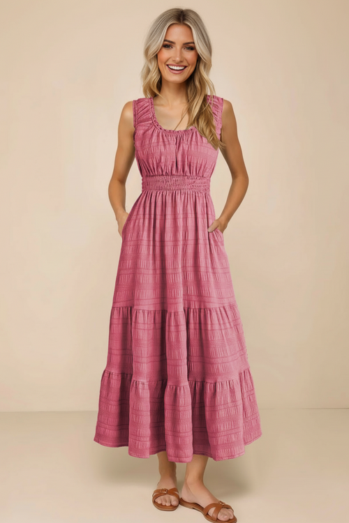 Shirred Pleated Square Neck Sleeveless Midi Dress