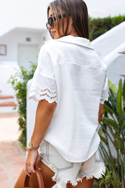 Embroidered Eyelet Crinkled Gauze Collared V-Neck Blouse