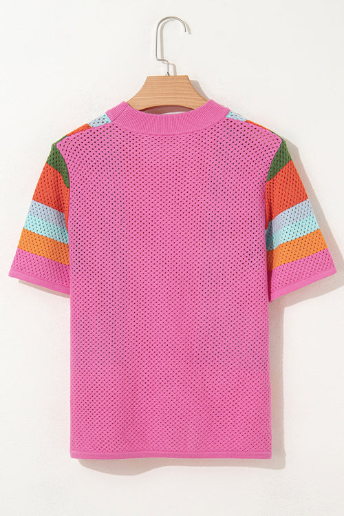 Colorblock Eyelet Short Sleeve Sweater T-Shirt